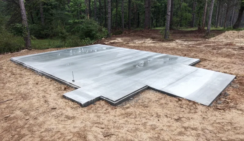 Finished house slab with bump-outs on a cleared lot in the pines