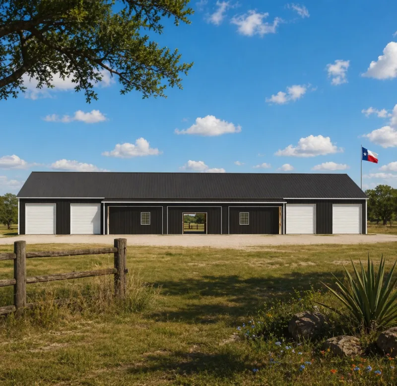 Long black metal building with white roll-up doors behind a ranch fence, Texas flag flying