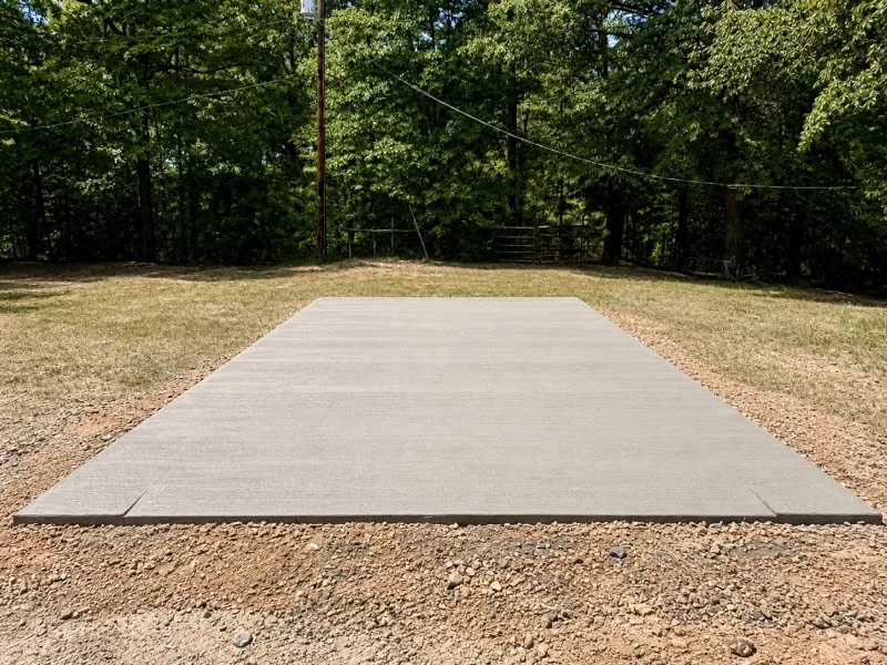 Long finished concrete slab on a gravel pad against a tree line