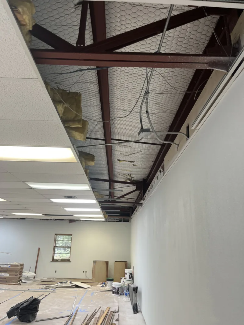 Office build-out with the steel structure exposed above a new drop ceiling