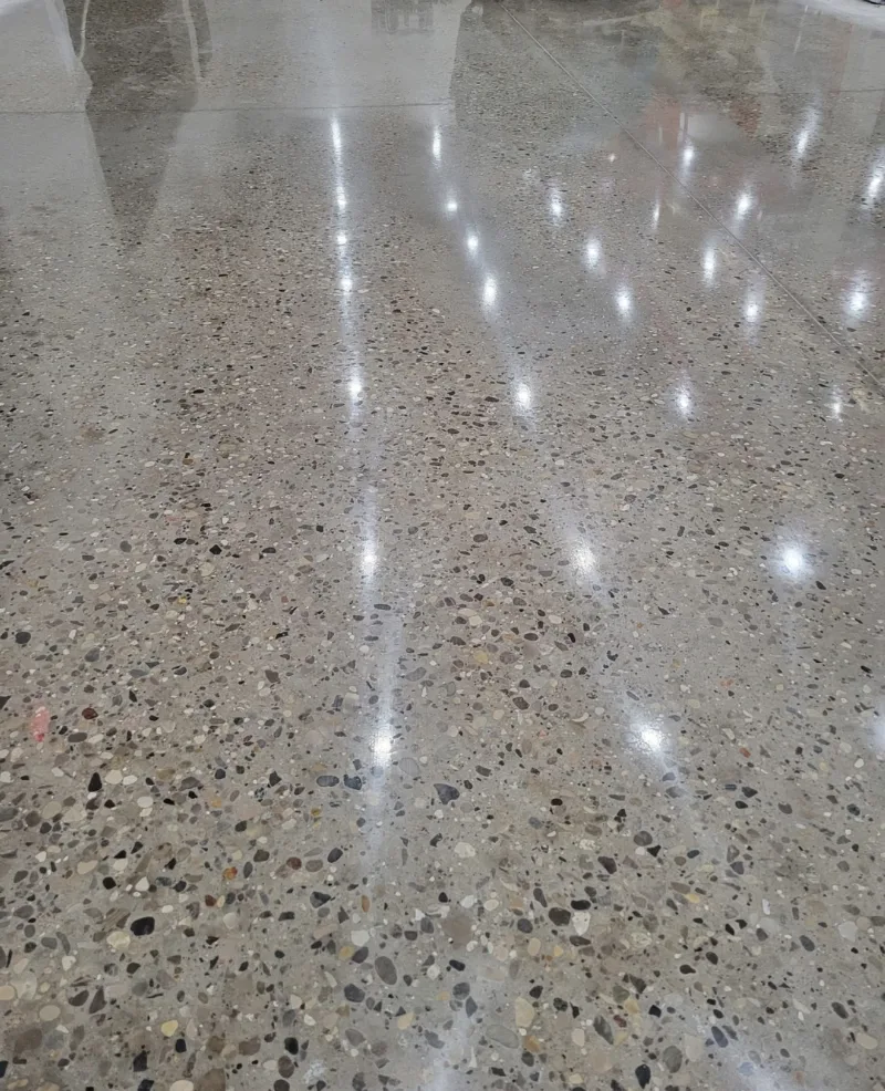 Close-up of a polished concrete floor showing exposed aggregate